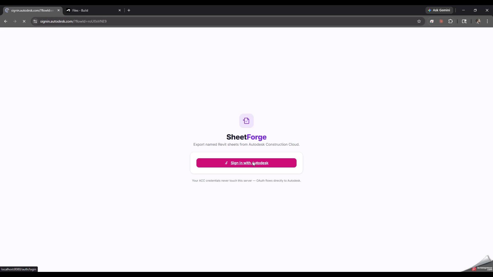 Sign-in — 3-legged OAuth login, credentials handled directly by Autodesk